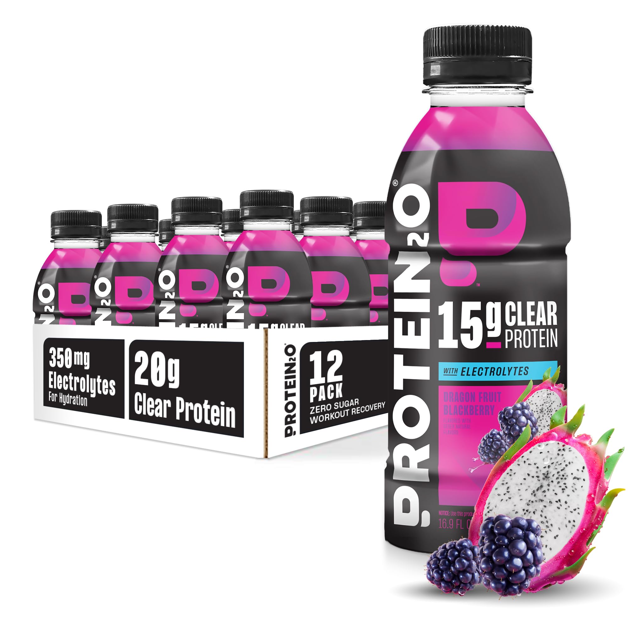 Protein2o botella frontal sabor dragon fruit blackberry mostrando etiqueta y beneficio de 15g proteína