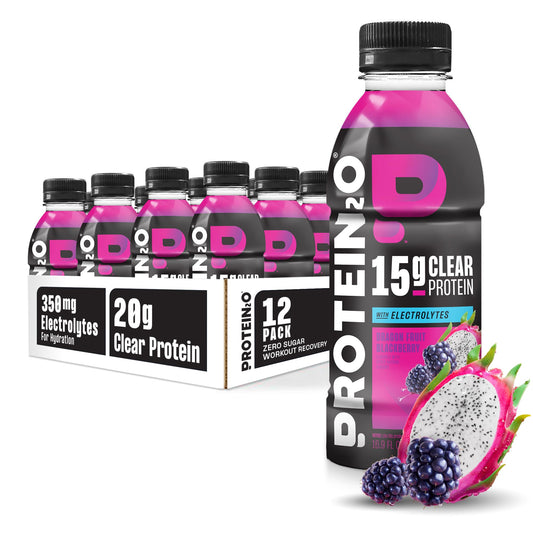 Protein2o botella frontal sabor dragon fruit blackberry mostrando etiqueta y beneficio de 15g proteína