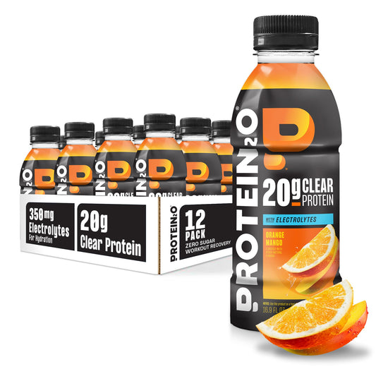 Protein2o frontal del envase mostrando sabor Orange Mango y beneficio hidratación
