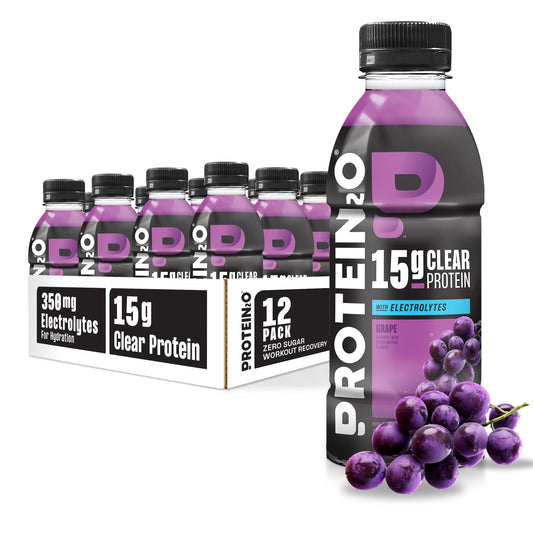 Protein2o botella frontal uva mostrando diseño y beneficio refrescante