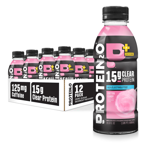Protein2o botella frontal Cotton Candy con etiqueta clara y beneficios visibles