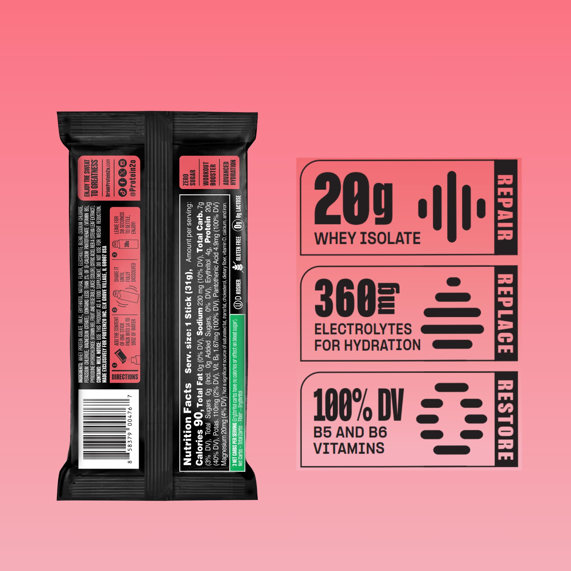 Protein2o sobre abierto con polvo fino para mezcla rápida