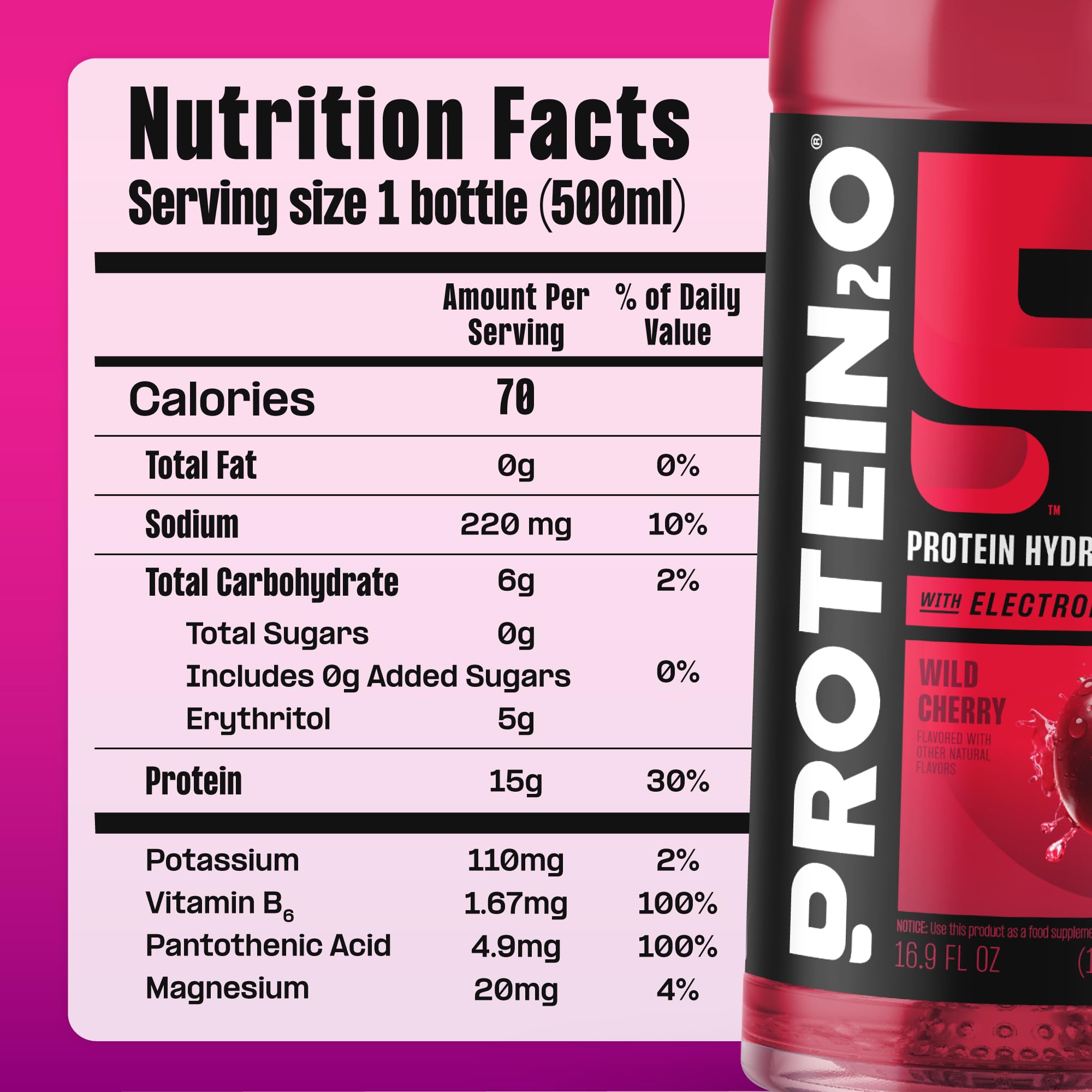 Protein2o varias botellas indicando sabores Peach Mango Wild Cherry Dragonfruit Blackberry