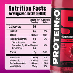 Protein2o varias botellas indicando sabores Peach Mango Wild Cherry Dragonfruit Blackberry