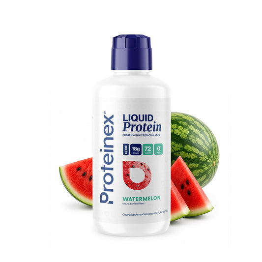 Proteinex envase frontal mostrando botella y sabor sandía con vista clara