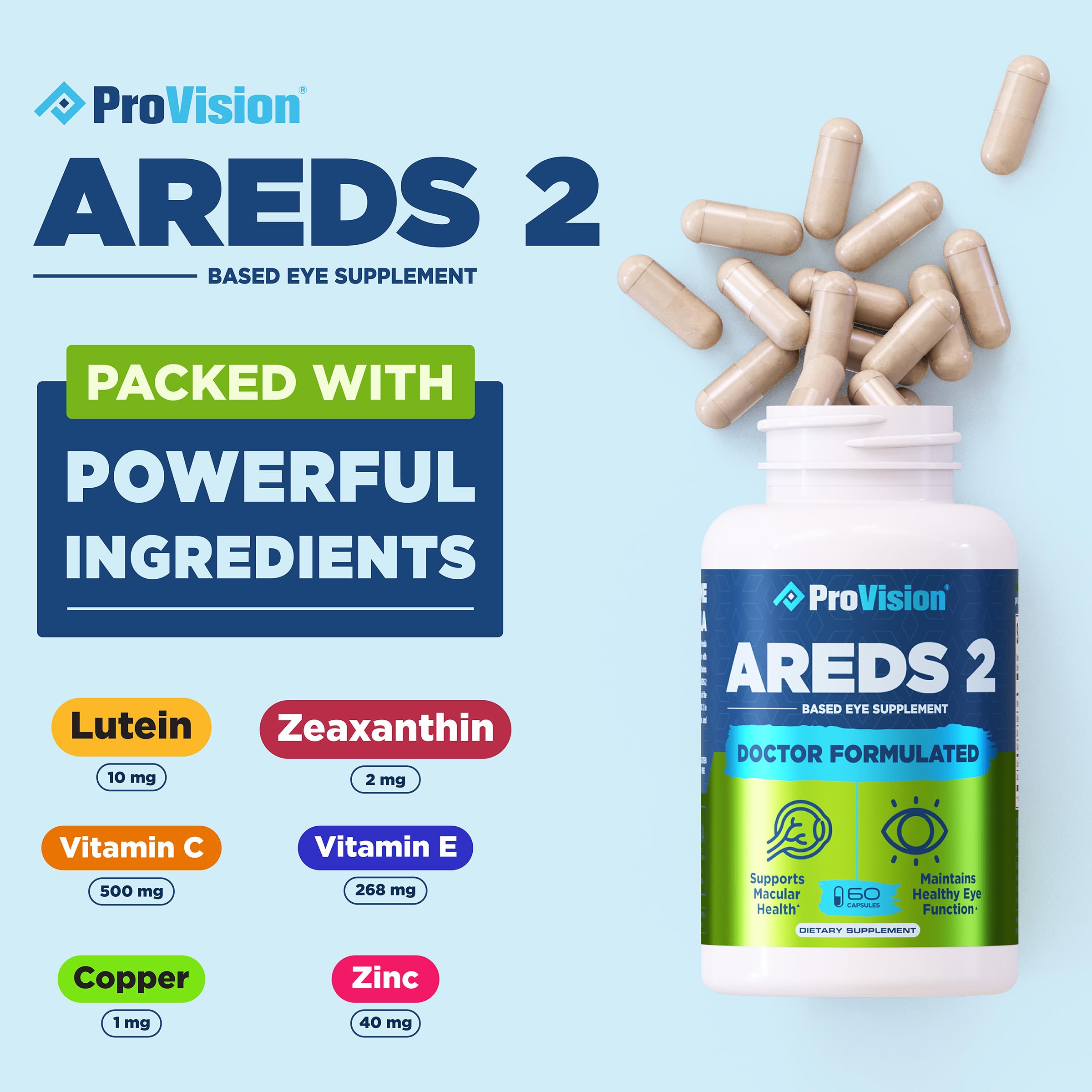 Primer plano de la etiqueta ProVision AREDS 2 detallando ingredientes clave