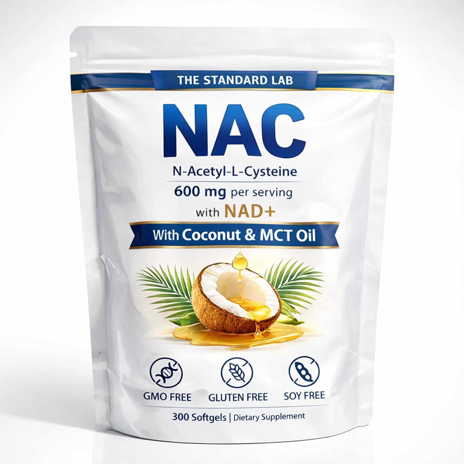 Prspy botella frontal de The Standard Lab NAC 600 mg 300 softgels mostrando el envase
