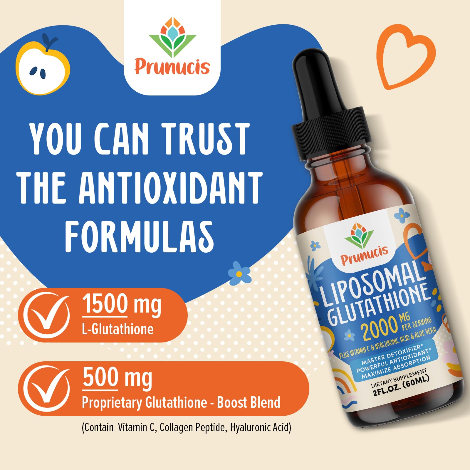 Prunucis etiqueta con lista de ingredientes destacando L‑Glutathione y vitamina C
