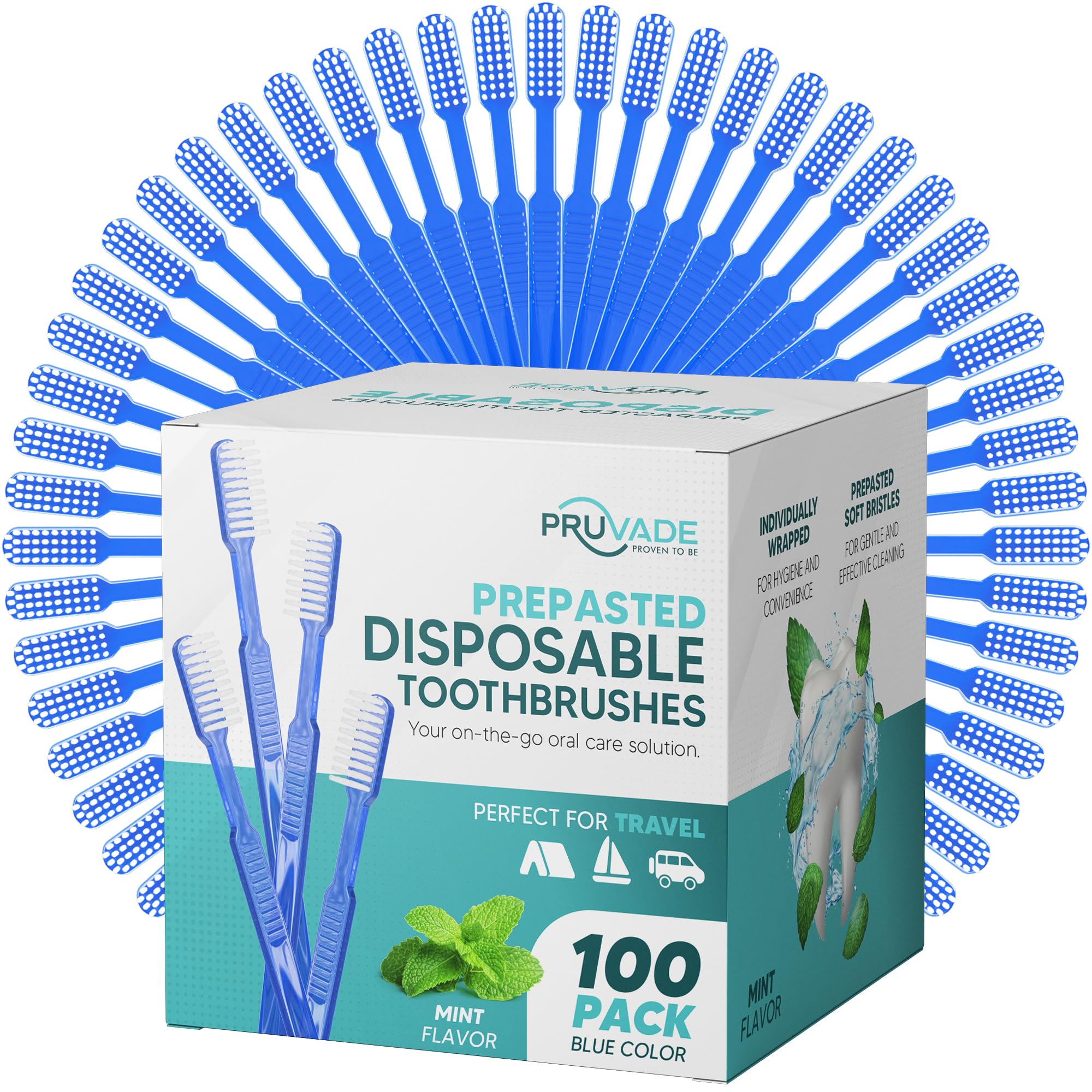 Pruvade empaque frontal mostrando 100 unidades y conveniencia portable