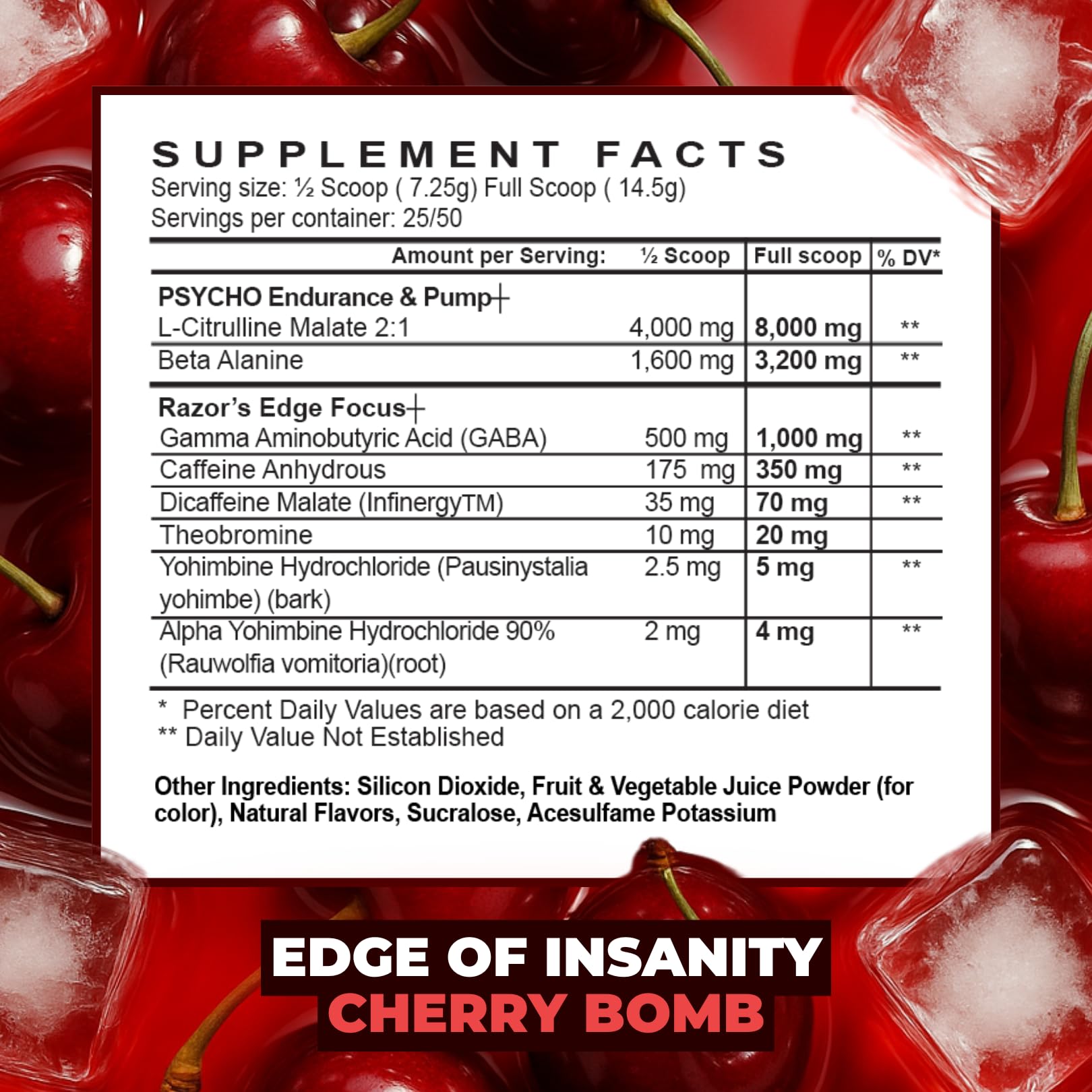 Etiqueta de ingredientes de Psycho Pharma con cantidades clave y estimulantes