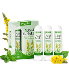 PUFFIAIR empaque frontal mostrando pack de tres y beneficio portátil