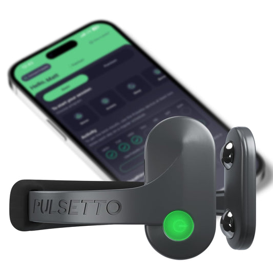Pulsetto Lite empaque frontal mostrando el dispositivo y beneficio de portabilidad