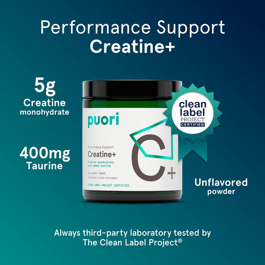 Primer plano del polvo Puori creatine que muestra textura fina y fácil disolución
