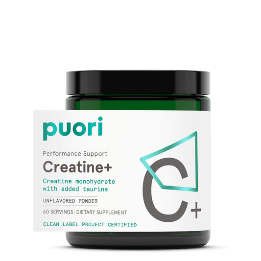 Puori envase frontal mostrando creatina sin sabor y beneficios de rendimiento