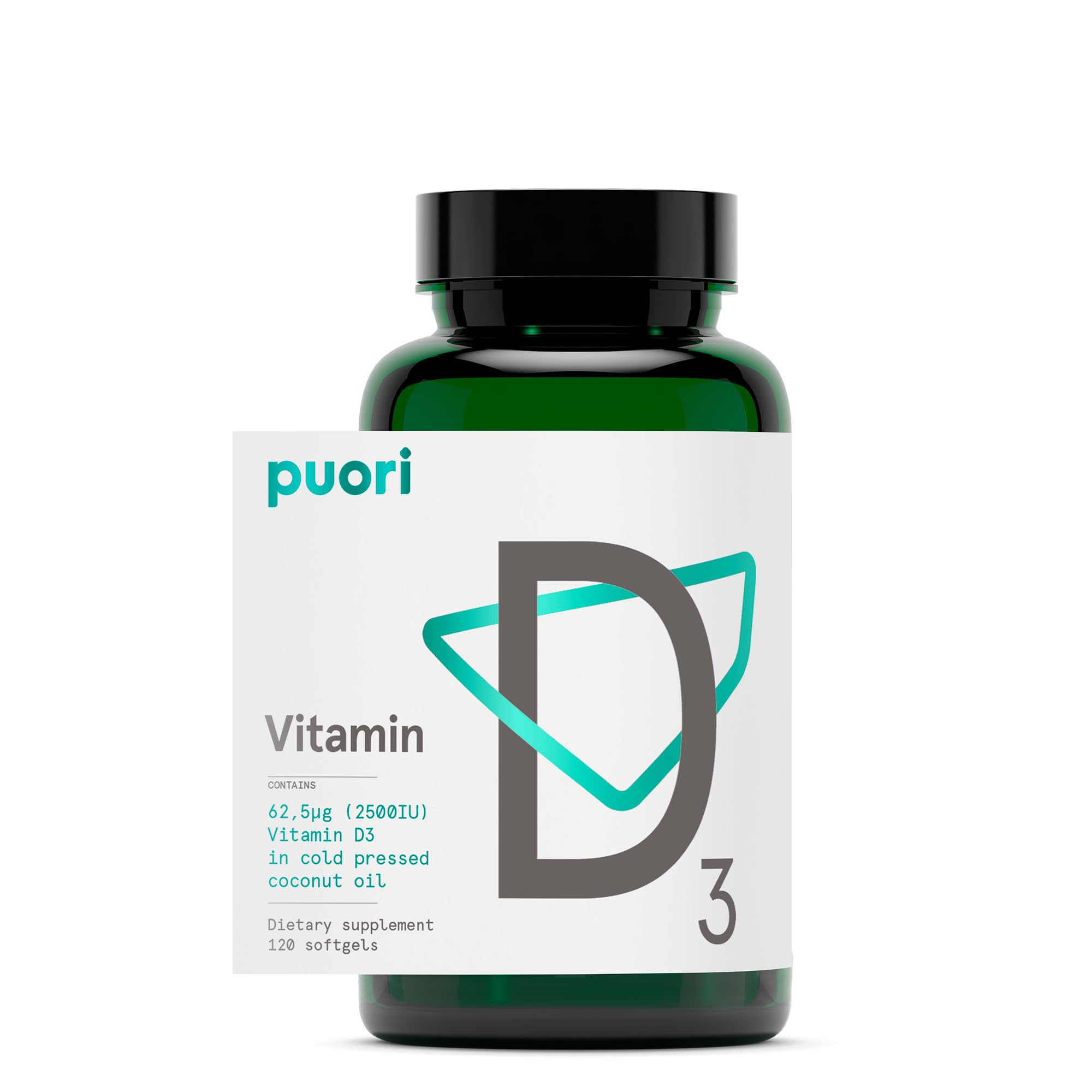 Puori envase frontal mostrando dosis 2500 IU y 120 cápsulas, confianza y transparencia