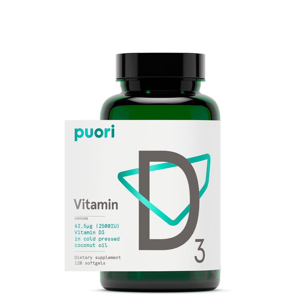 Puori envase frontal mostrando dosis 2500 IU y 120 cápsulas, confianza y transparencia