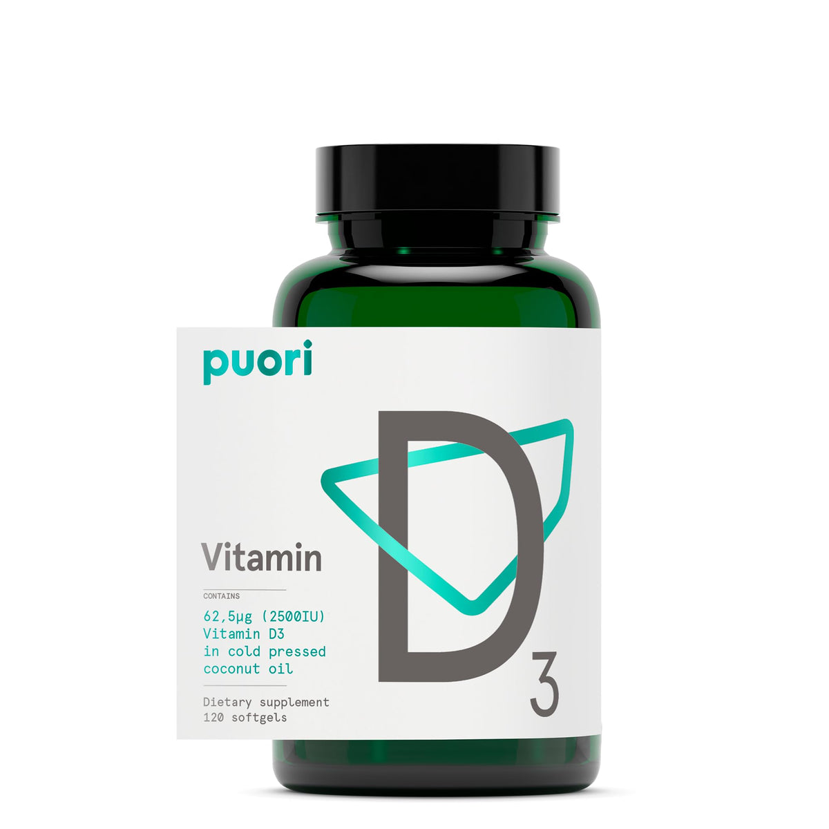 Puori envase frontal mostrando dosis 2500 IU y 120 cápsulas, confianza y transparencia