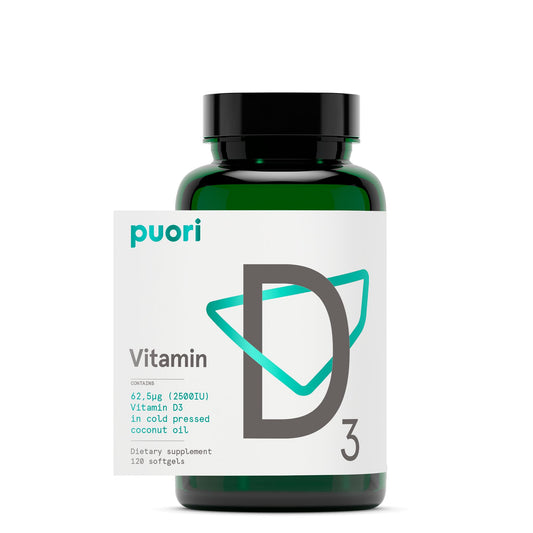 Puori envase frontal mostrando dosis 2500 IU y 120 cápsulas, confianza y transparencia