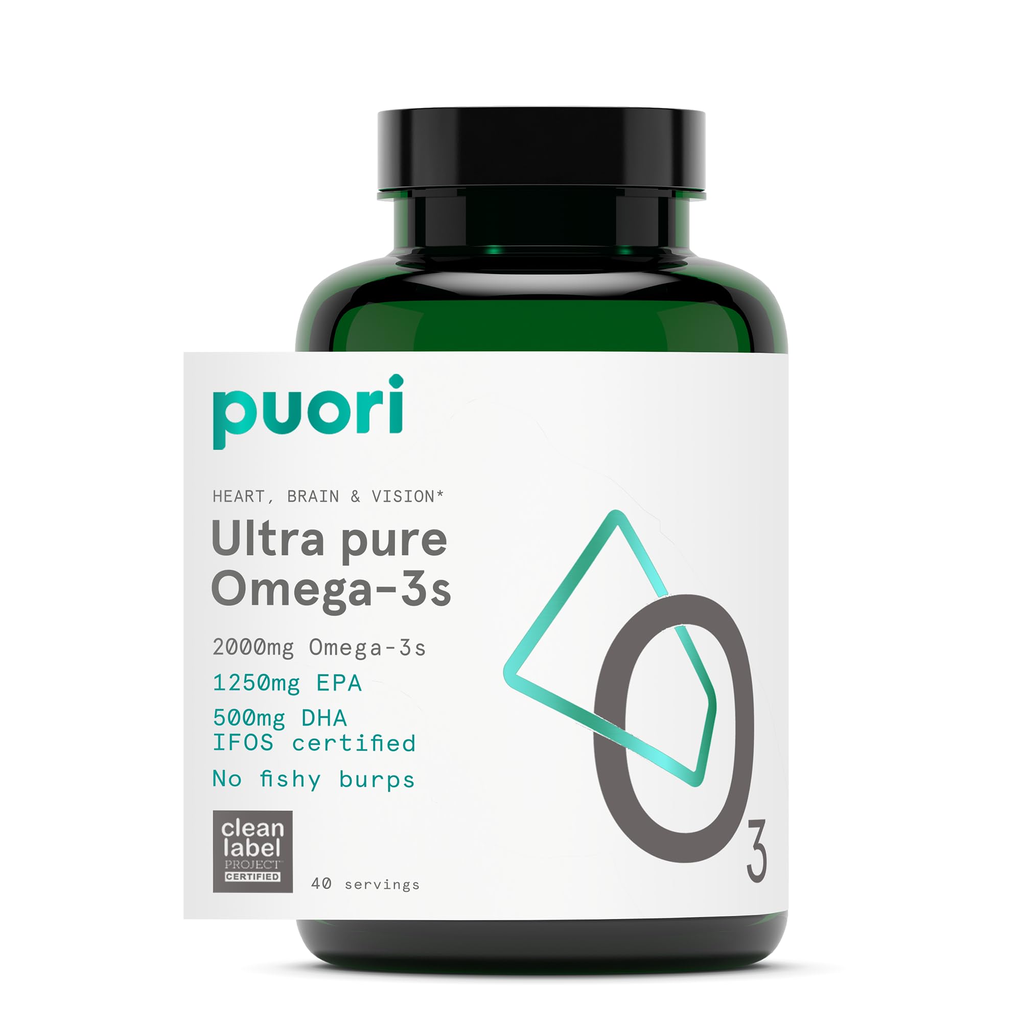 Puori O3 envase frontal mostrando 120 cápsulas y pureza certificada