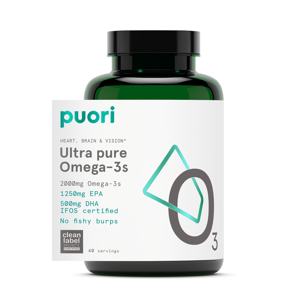 Puori O3 envase frontal mostrando 120 cápsulas y pureza certificada