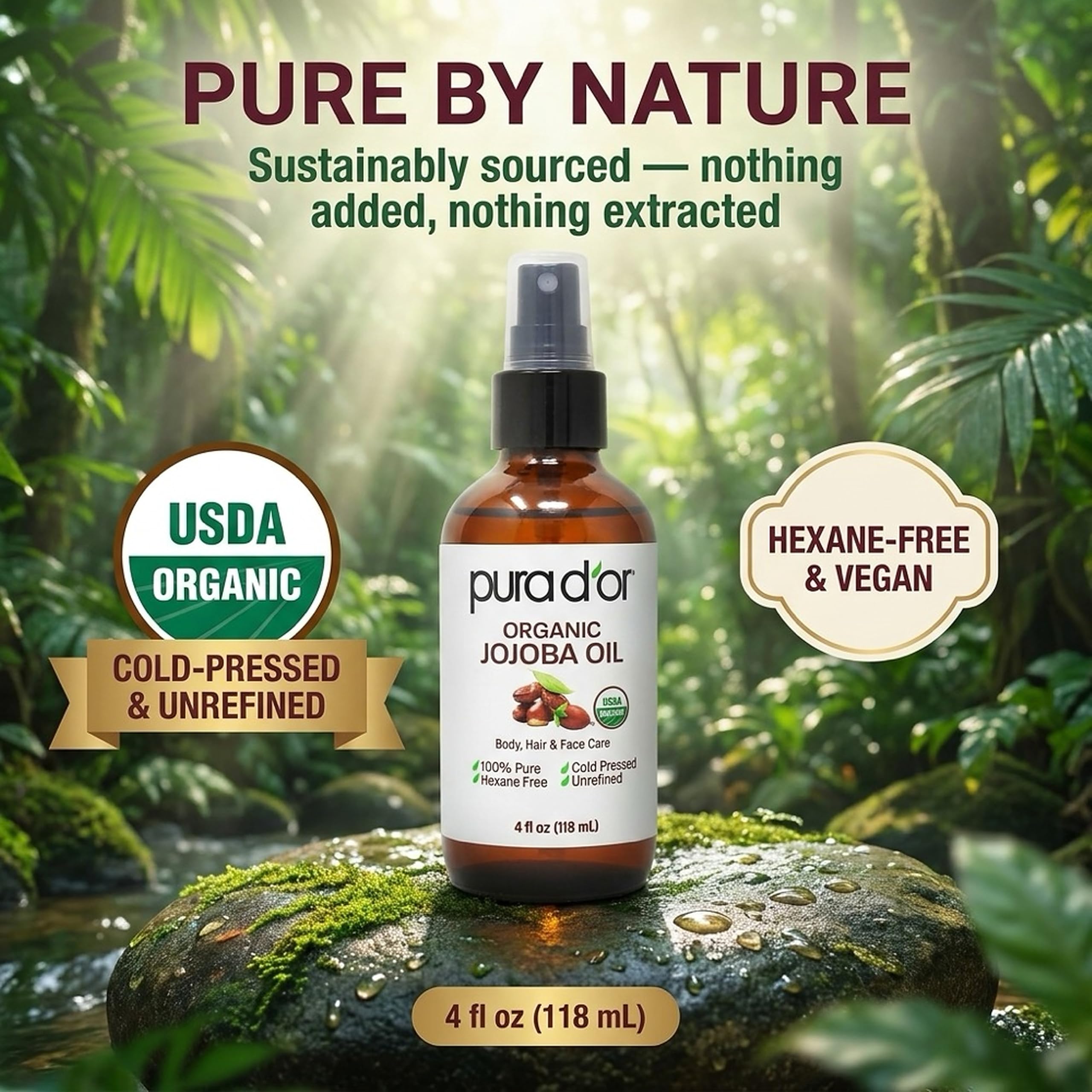 PURA D'OR detalle de la etiqueta orgánica USDA del aceite de jojoba, garantía de pureza