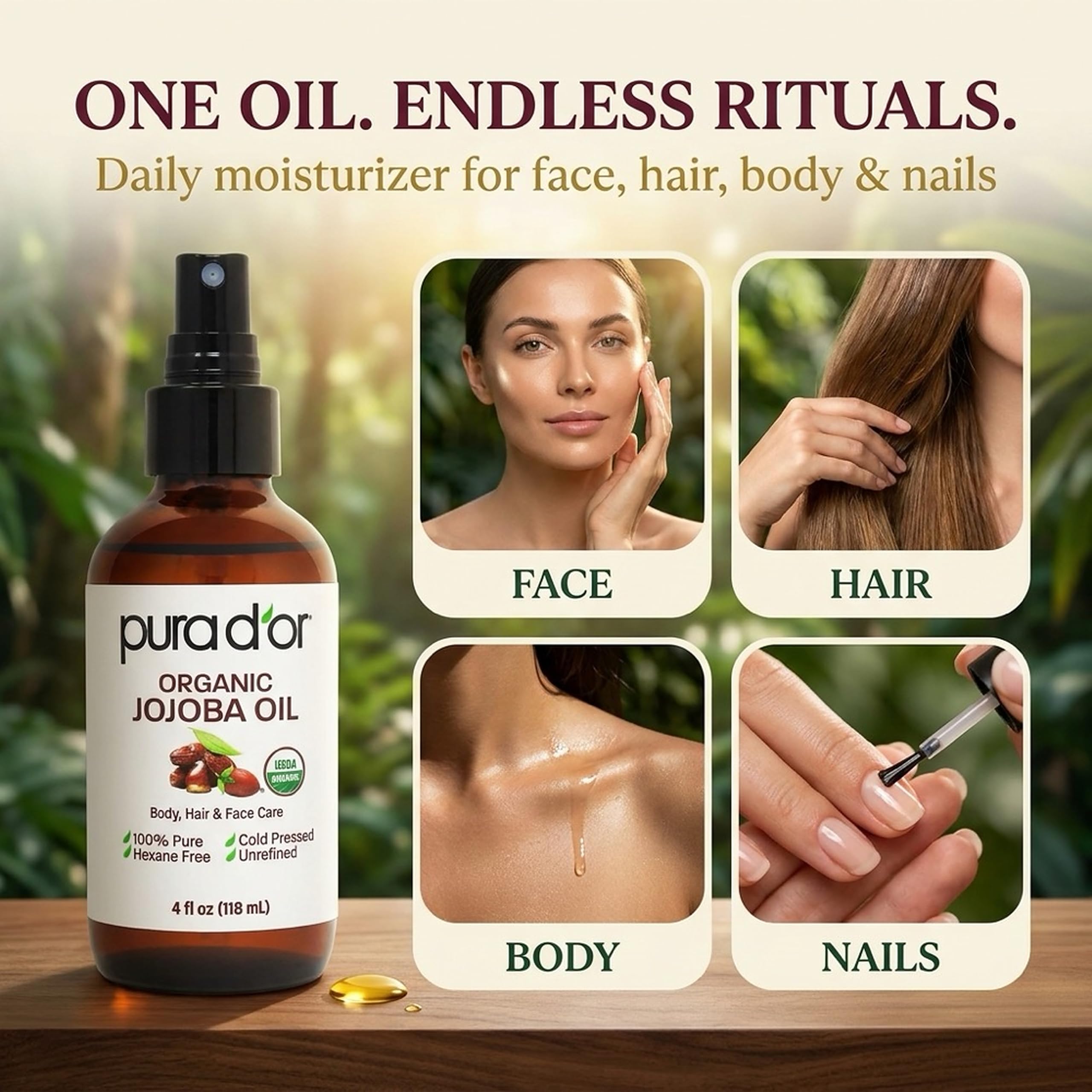 PURA D'OR aplicación facial del aceite de jojoba en manos, hidratación y suavidad