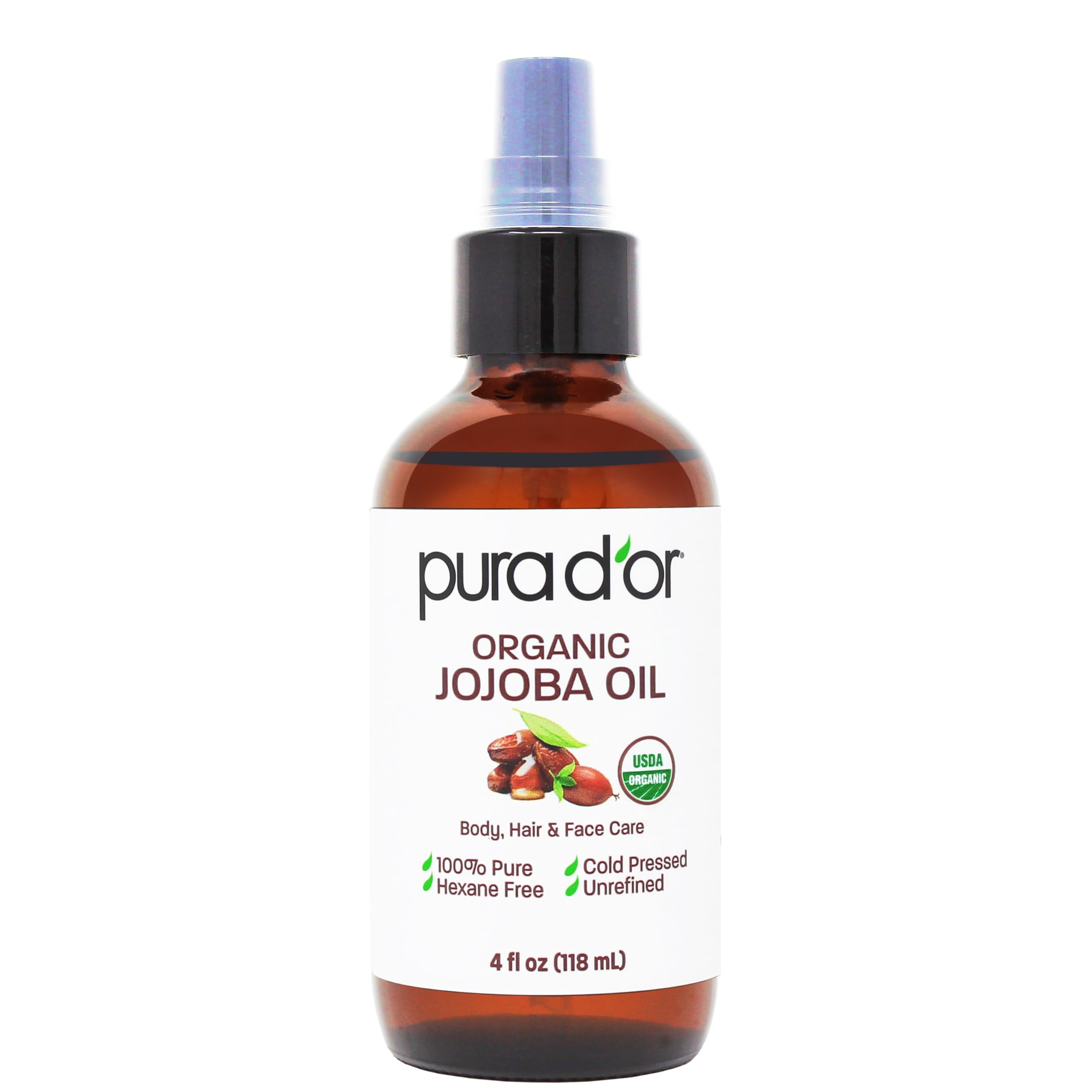 PURA D'OR frasco frontal de aceite de jojoba protegido por botella ámbar, conservación eficaz