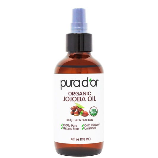 PURA D'OR frasco frontal de aceite de jojoba protegido por botella ámbar, conservación eficaz