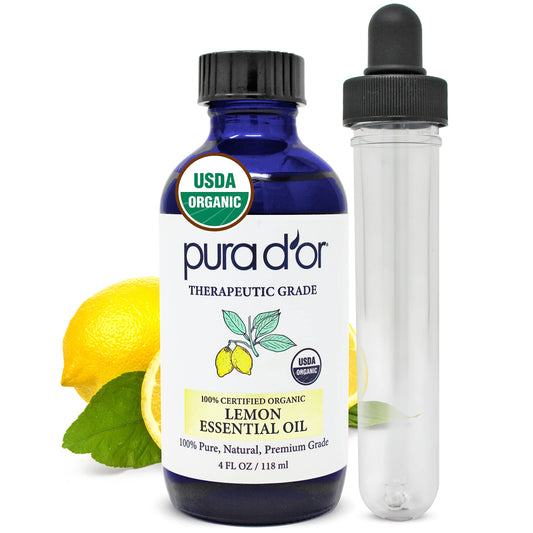 PURA D'OR envase frontal de aceite de limón mostrando tamaño y diseño