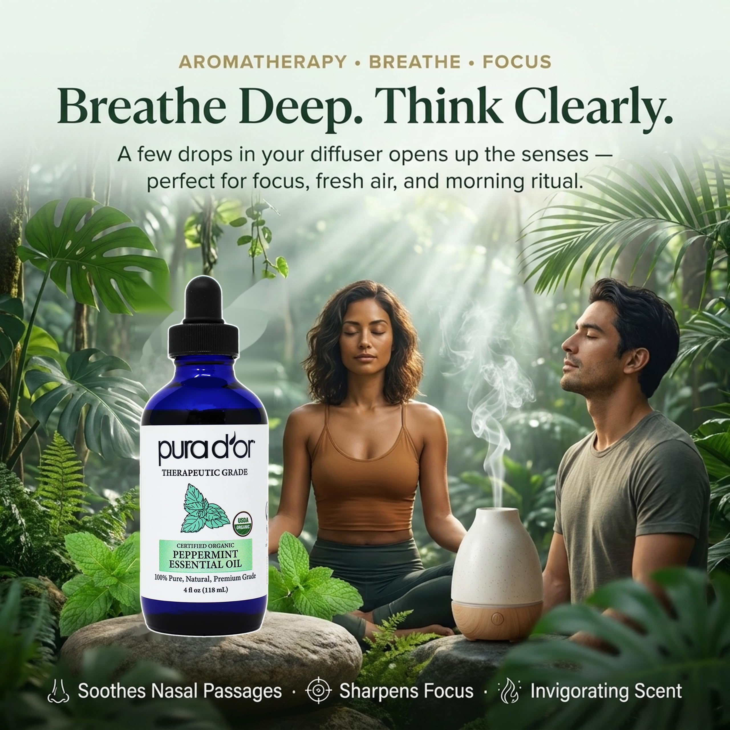 PURA D'OR aceite de menta difundiendo aroma en un difusor para ambiente enfocado y vigorizante