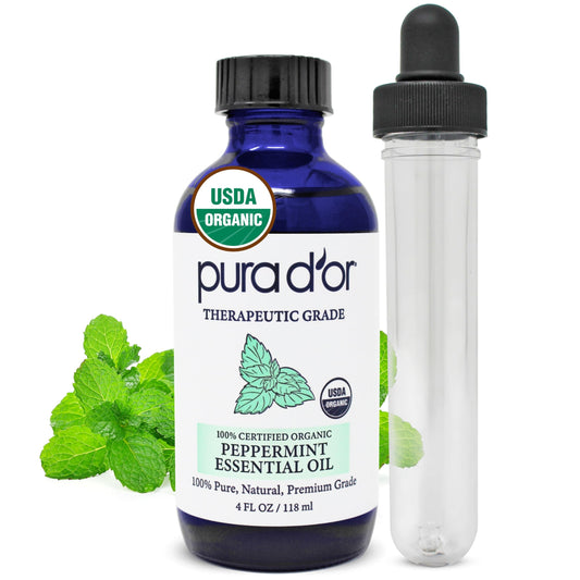 PURA D'OR frasco frontal de aceite de menta con gotero mostrando presentación elegante y uso práctico