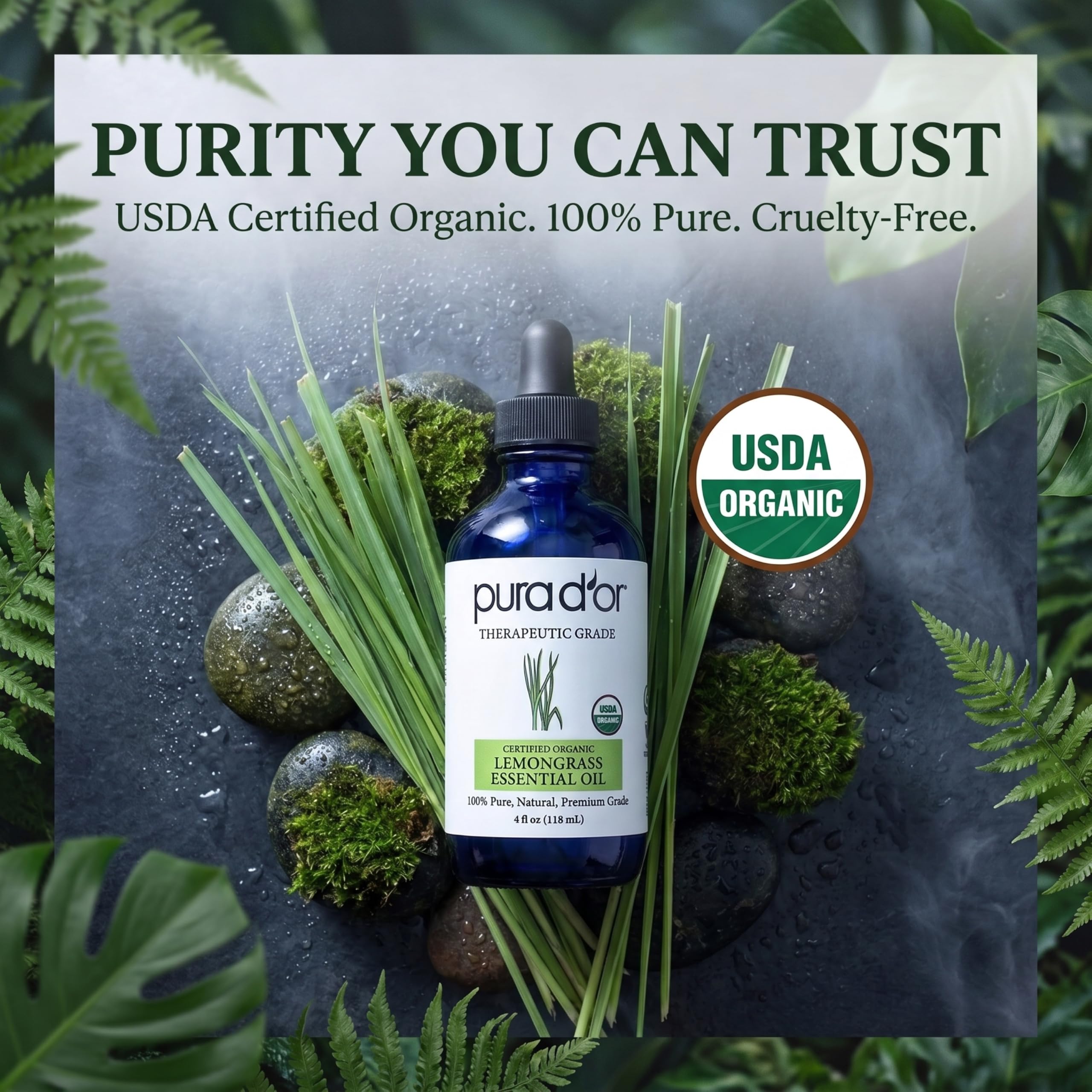 PURA D'OR junto a tallos de hierba limón mostrando origen natural