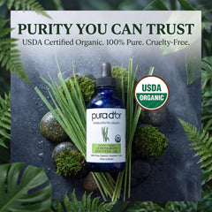 PURA D'OR junto a tallos de hierba limón mostrando origen natural