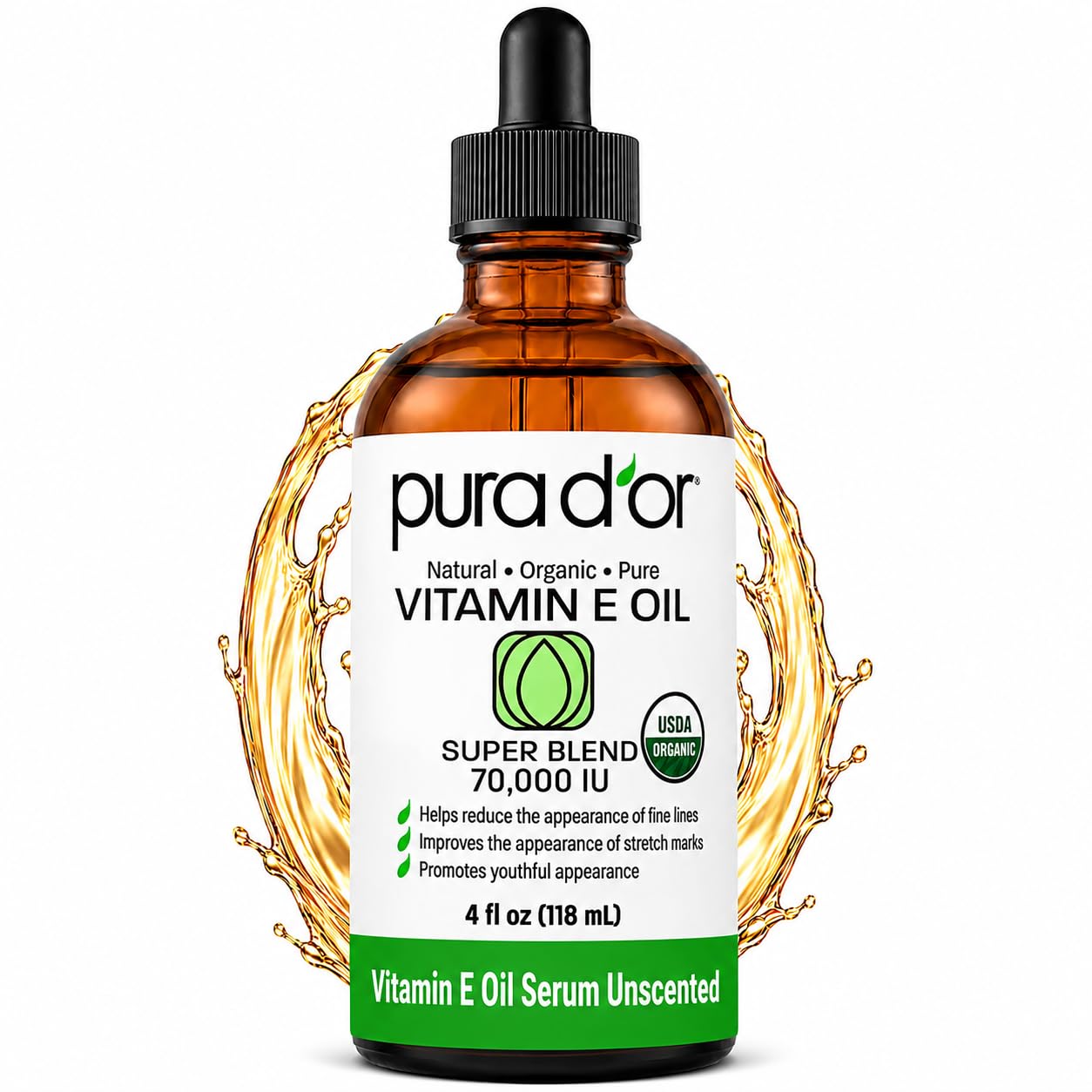 PURA D'OR frasco ámbar 4 fl oz preserva pureza y facilita almacenamiento