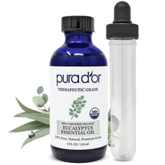 PURA D'OR botella frontal de eucalipto, presentación clara y beneficios aromáticos