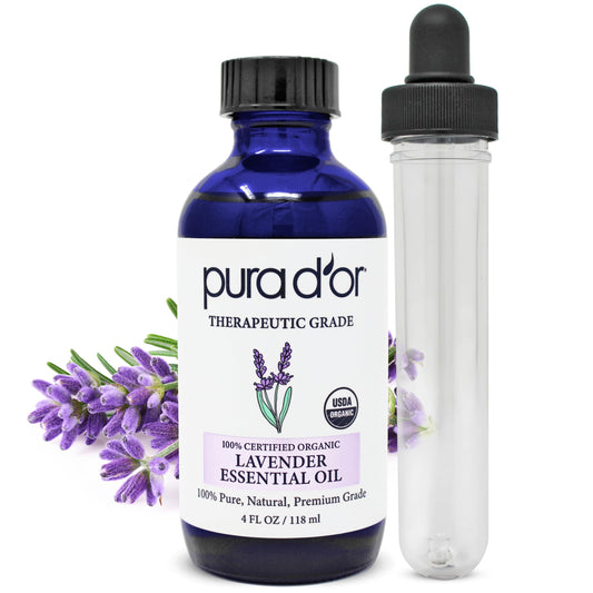 PURA D'OR botella frontal de lavanda mostrando presentación en vidrio