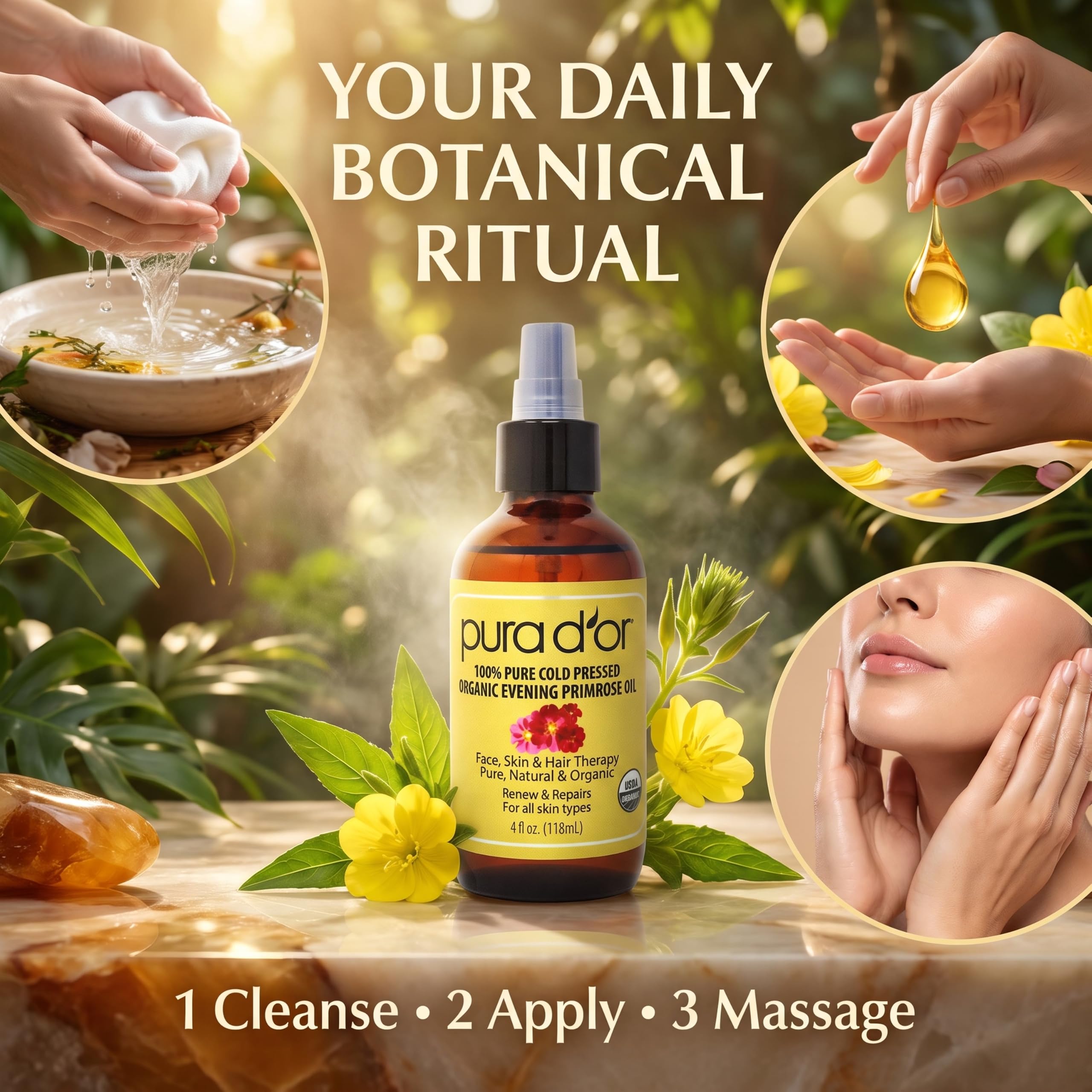 PURA D'OR ambiente de baño mostrando rutina natural y beneficio relajante