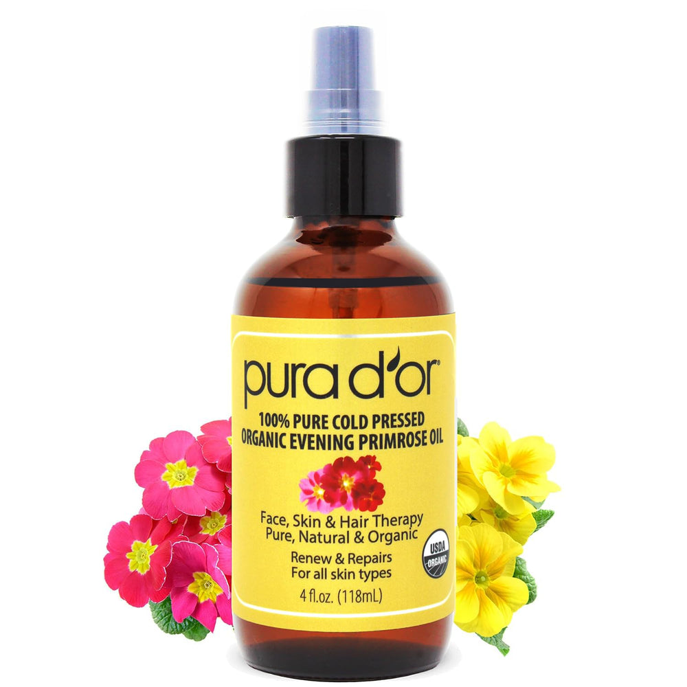 PURA D'OR botella frontal mostrando aceite de onagra para hidratación profunda