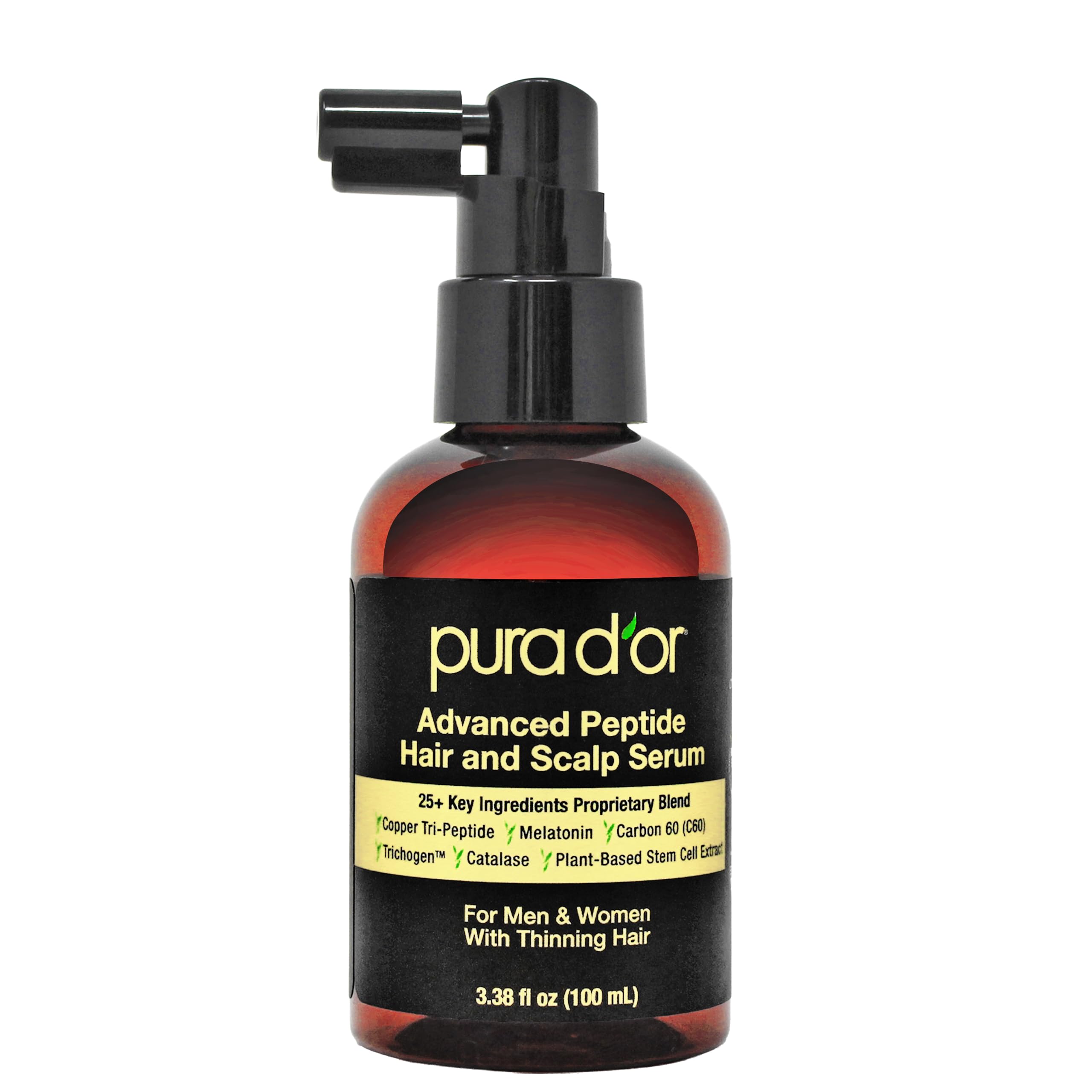 PURA D'OR frasco frontal mostrando diseño y beneficio volumen