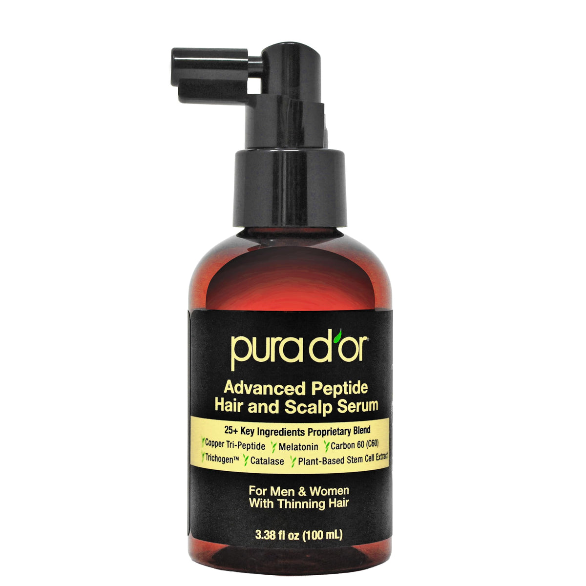 PURA D'OR frasco frontal mostrando diseño y beneficio volumen