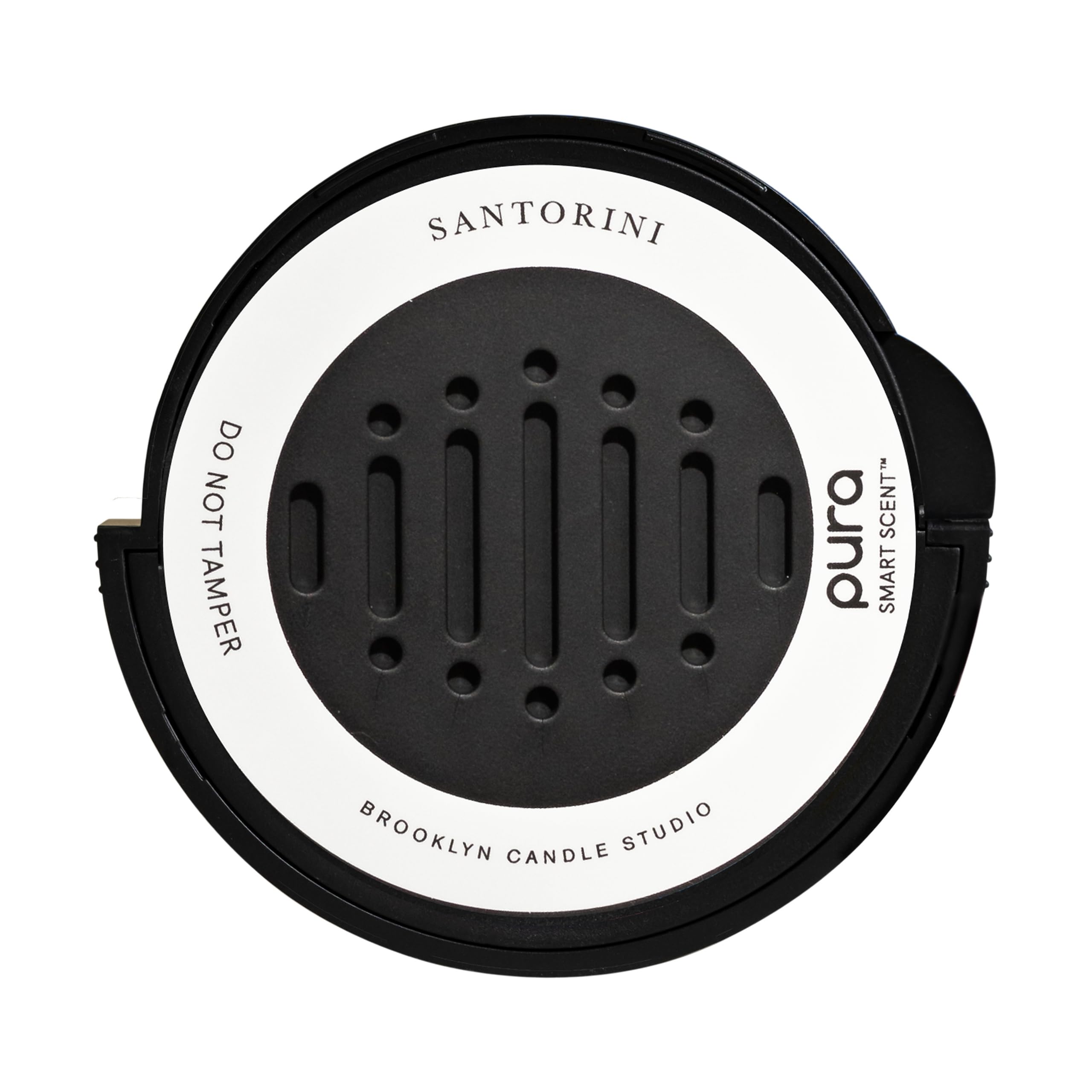 Pura Santorini envase frontal mostrando diseño elegante y aroma mediterráneo