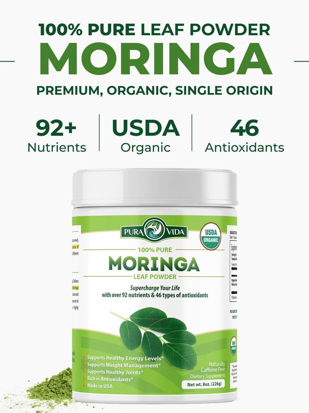 PURA VIDA MORINGA comparación de tamaño del envase 8 oz en mano