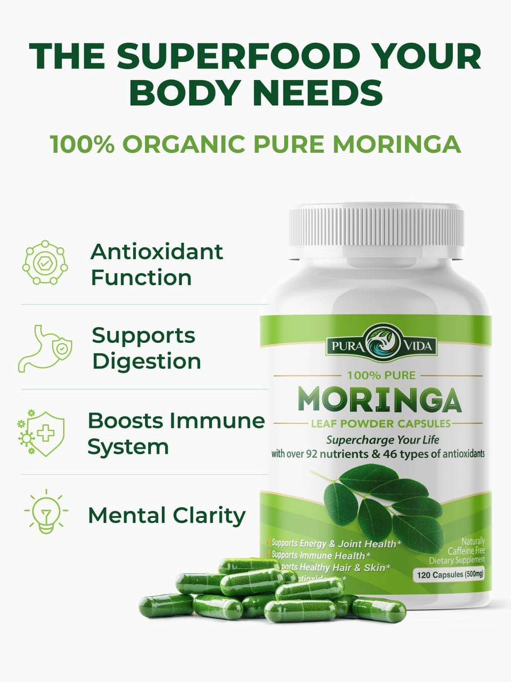 PURA VIDA MORINGA cápsulas junto a moneda para comparar tamaño y facilidad