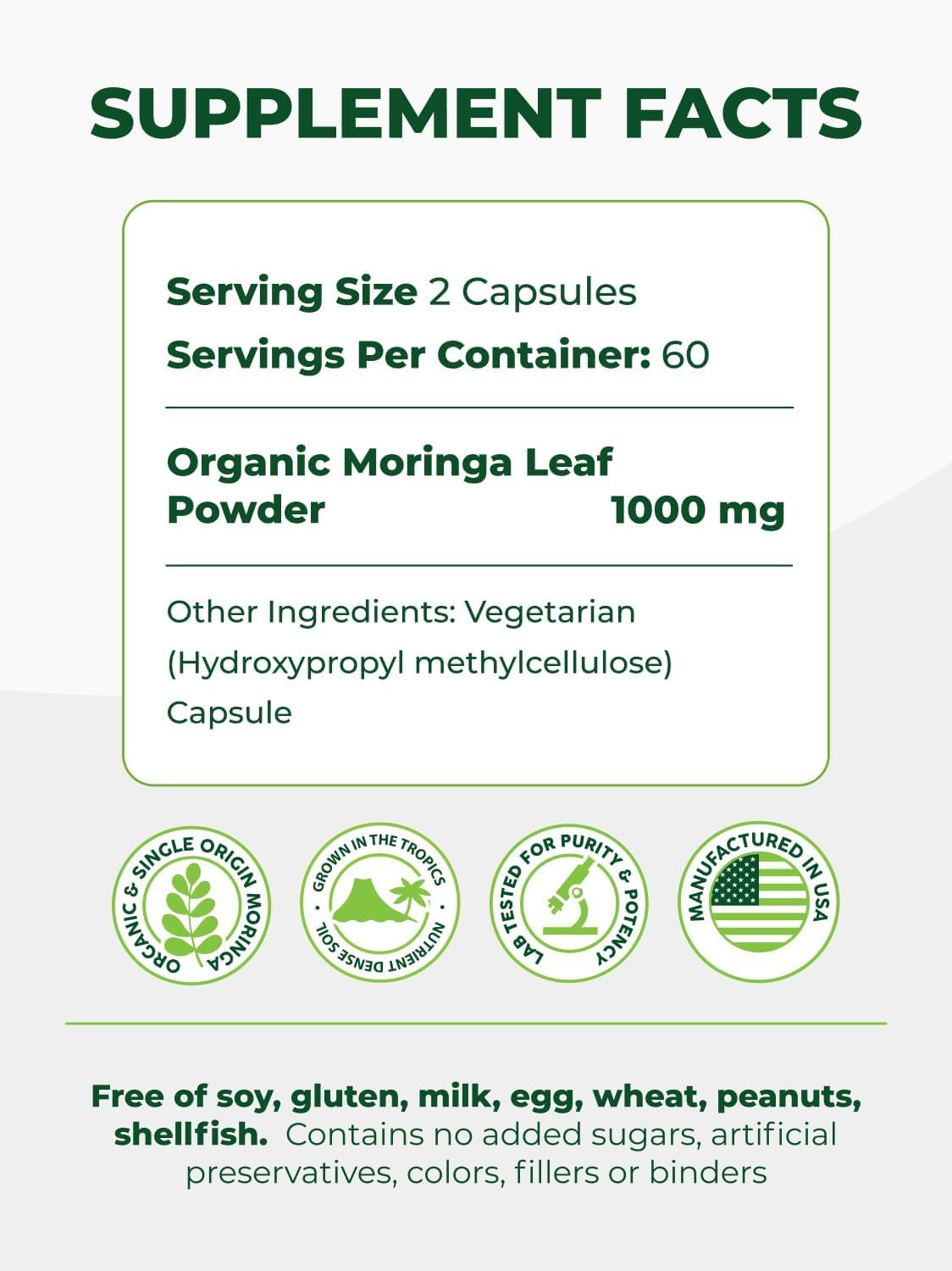 PURA VIDA MORINGA etiqueta con certificaciones orgánicas y trazabilidad clara