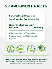 PURA VIDA MORINGA etiqueta con certificaciones orgánicas y trazabilidad clara