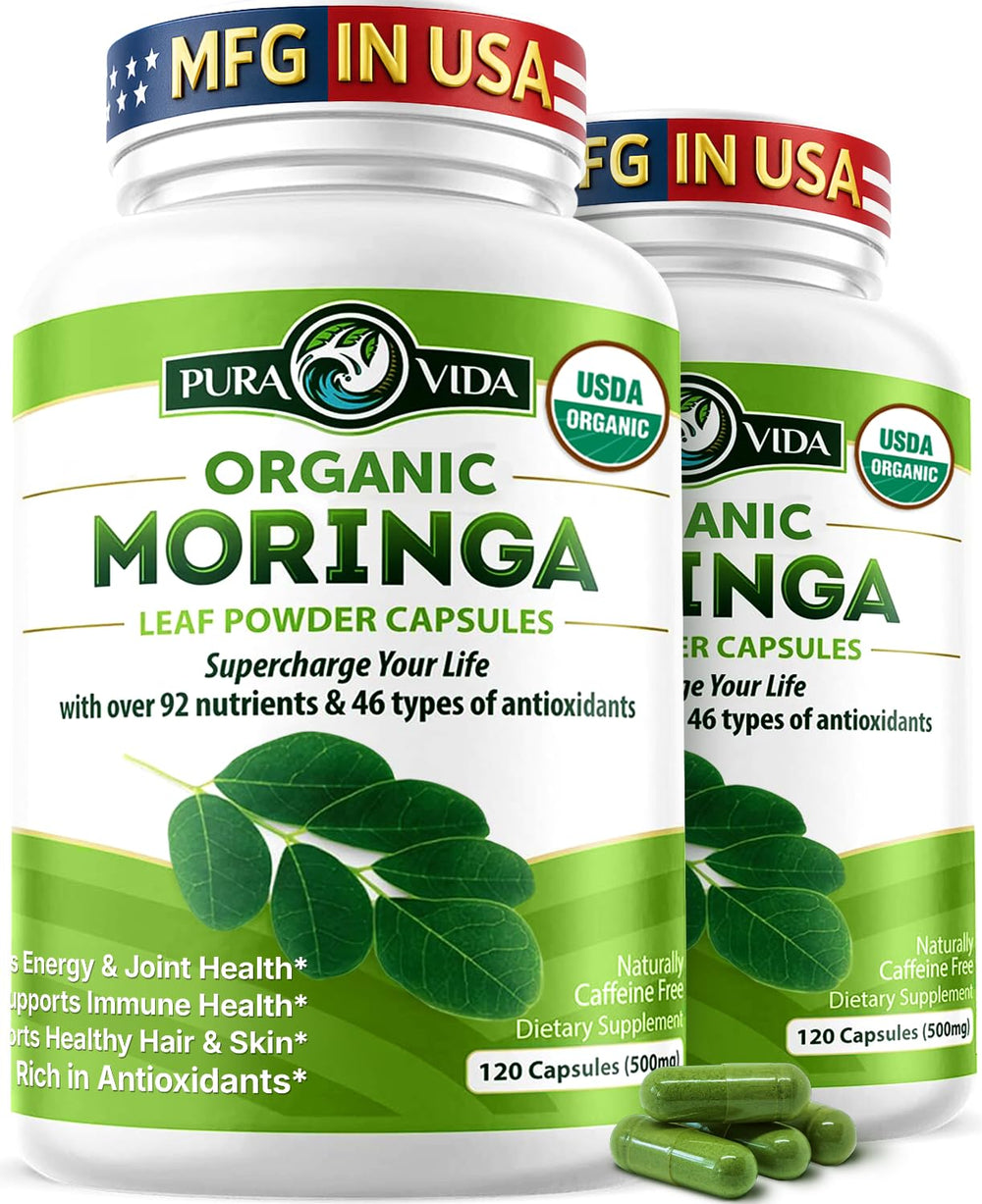 PURA VIDA MORINGA frasco frontal mostrando etiqueta y cantidad, claridad y confianza