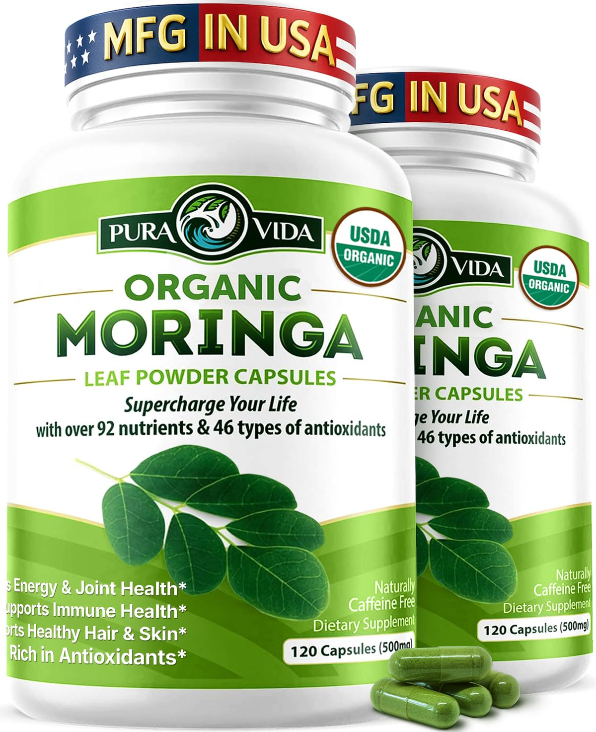 PURA VIDA MORINGA frasco frontal mostrando etiqueta y cantidad, claridad y confianza