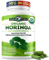 Pura Vida Moringa frasco frontal mostrando etiqueta clara y beneficios