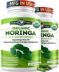 PURA VIDA MORINGA frasco frontal mostrando etiqueta y cantidad, claridad y confianza