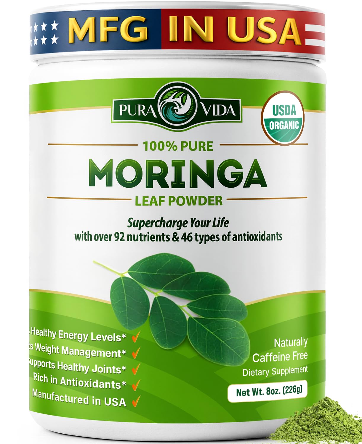 PURA VIDA MORINGA envase frontal mostrando diseño y cantidad 8 oz
